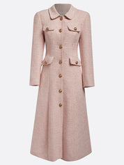 Pink Buckle Tweed Pointed Collar Long Sleeve A-Line Midi Dress