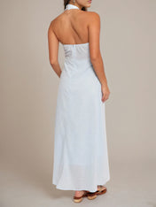 Pale Blue Sheath/Column Halter Neck Sleeveless Ankle Length Bridesmaid Dress