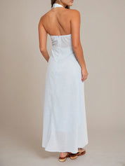 Pale Blue Sheath/Column Halter Neck Sleeveless Ankle Length Bridesmaid Dress