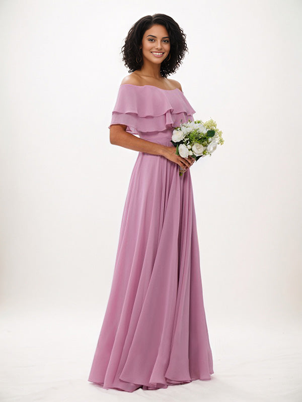 Wisteria A-Line Chiffon Ruffles Off-The-Shoulder Sleeveless Floor-Length Bridesmaid Dresses