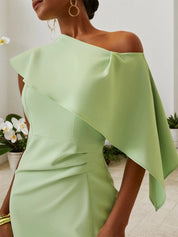 Green One-Shoulder Ruched Sheath Midi Dress