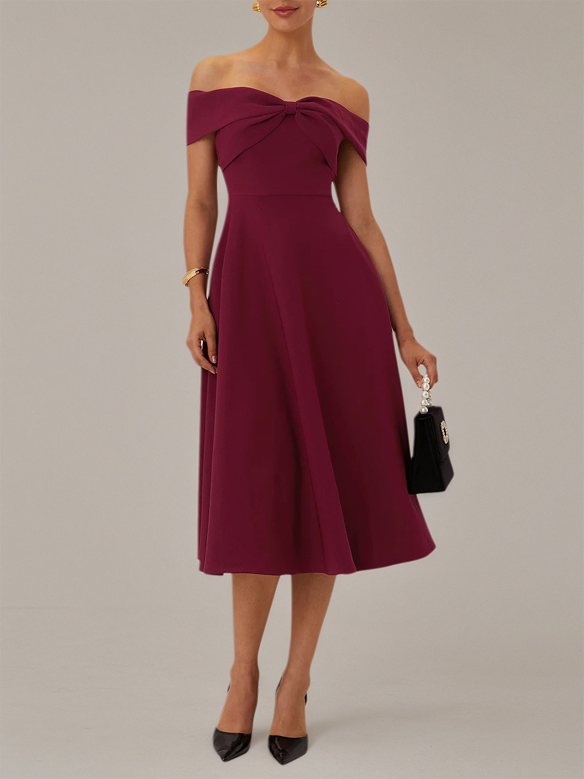 Burgundy A Line Stretch Crepe Off The Shoulder Sleeveless Tea Length Dresses