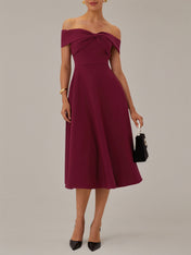 Burgundy A Line Stretch Crepe Off The Shoulder Sleeveless Tea Length Dresses