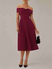 Burgundy A Line Stretch Crepe Off The Shoulder Sleeveless Tea Length Dresses