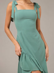 Green Sheath/Column Chiffon Square Neck Sleeveless Asymmetrical Dresses With Ruffles