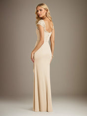 Champagne Sheath/Column Chiffon Square Neck Short Sleeves Floor Length Dress