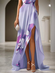 Lavender Purple Asymmetric Floral Classic One Shoulder Sleeveless A-Line Maxi Dress