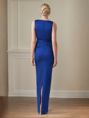 Sapphire Satin Sheath/Column V Neck Floor Length Mother of the Bride Dresses