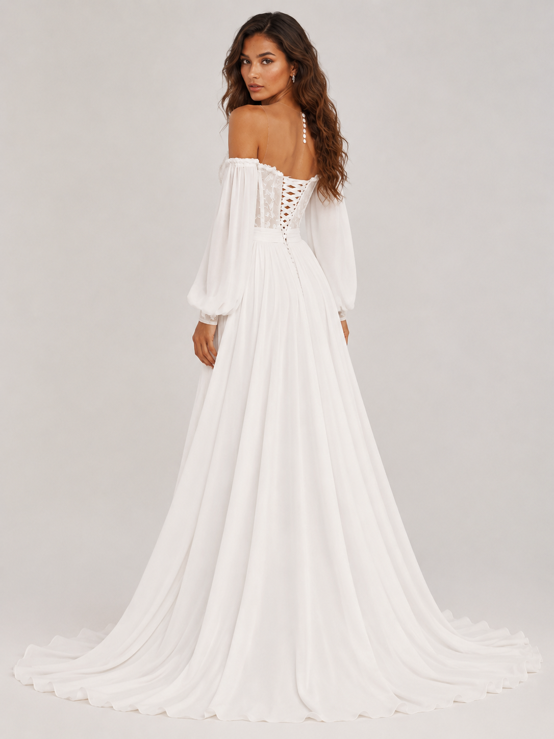 Elegant Off-the-Shoulder Lace Chiffon A-Line Wedding Dress with Bishop Sleeves, High Slit and Sweep Train