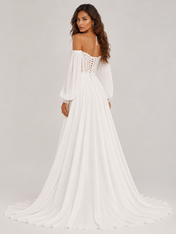 Elegant Off-the-Shoulder Lace Chiffon A-Line Wedding Dress with Bishop Sleeves, High Slit and Sweep Train