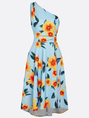 Blue Floral One Shoulder Sleeveless A-Line Midi Dress