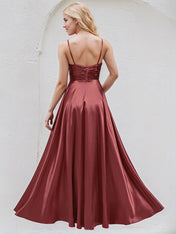 Rosewood Satin A Line V Neck Sleeveless Floor Length Bridesmaid Dress