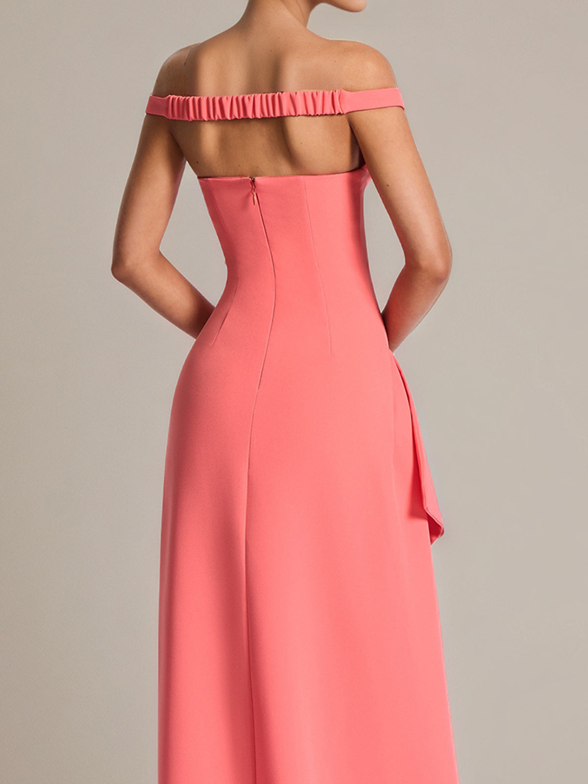 Coral Pink Sheath/Column Stretch Crepe Off The Shoulder Floor Length Dress