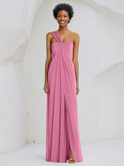 A Line Chiffon Off the Shoulder Sleeveless Floor Length Bridesmaid Dress
