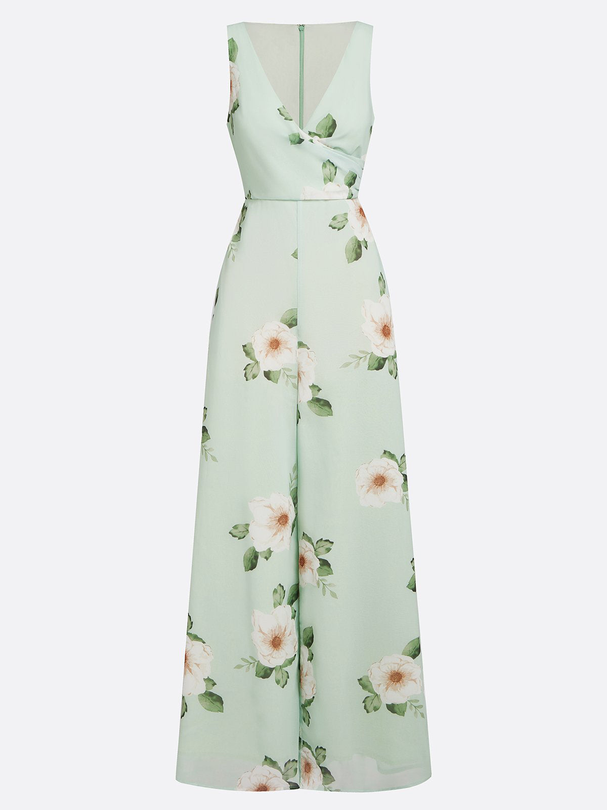 Light Green Floral V Neck Regular Fit Chiffon Jumpsuit