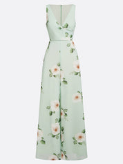 Light Green Floral V Neck Regular Fit Chiffon Jumpsuit