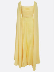 Yellow Pleated Chiffon Dress Square Neck Long Sleeve A-Line Gown