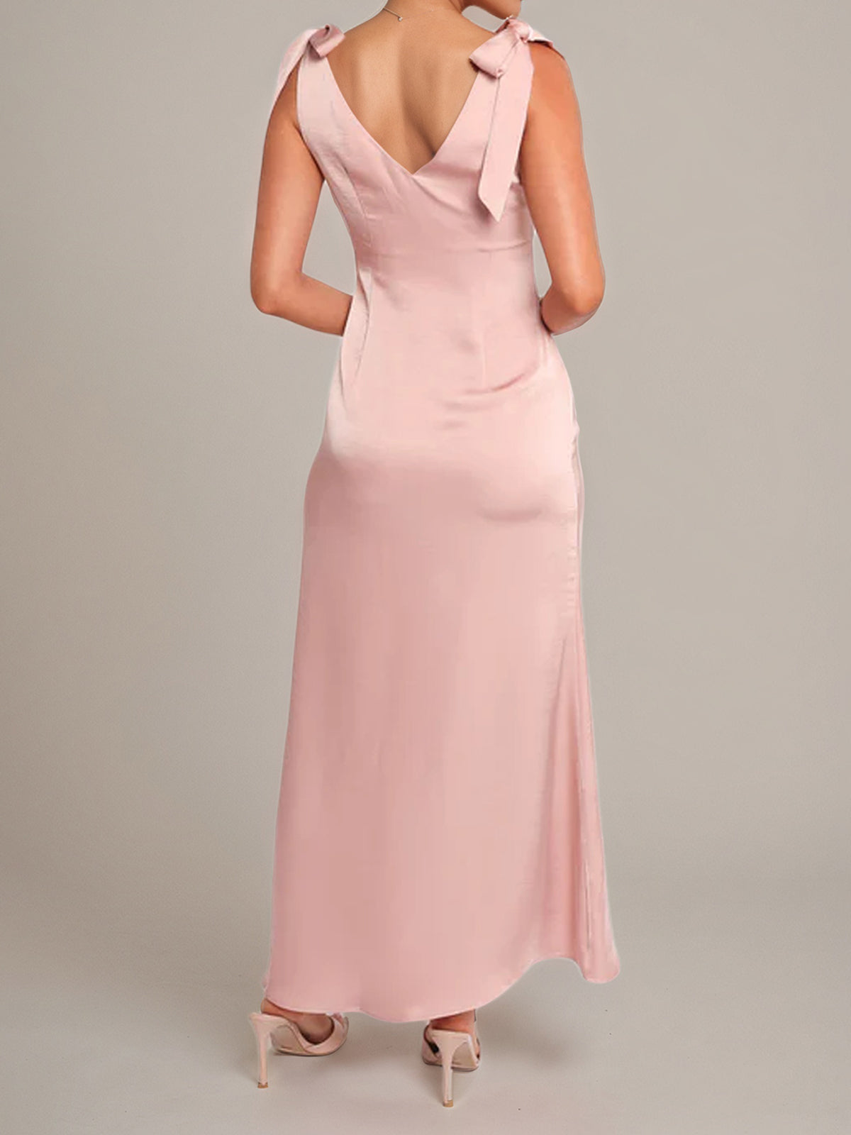 Pink Satin A Line V Neck Sleeveless Floor Length Bridesmaid Dress With Bow