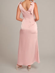 Pink Satin A Line V Neck Sleeveless Floor Length Bridesmaid Dress With Bow