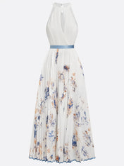 White Pleated Floral Chiffon Halter Sleeveless A-Line Maxi Dress