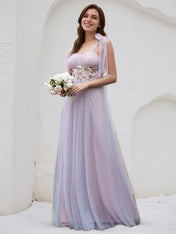 Pink Tulle A Line Spaghetti Straps Sleeveless Floor Length Bridesmaid Dress With Applique