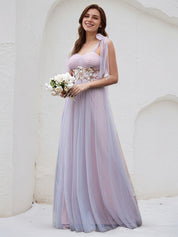 Pink Tulle A Line Spaghetti Straps Sleeveless Floor Length Bridesmaid Dress With Applique