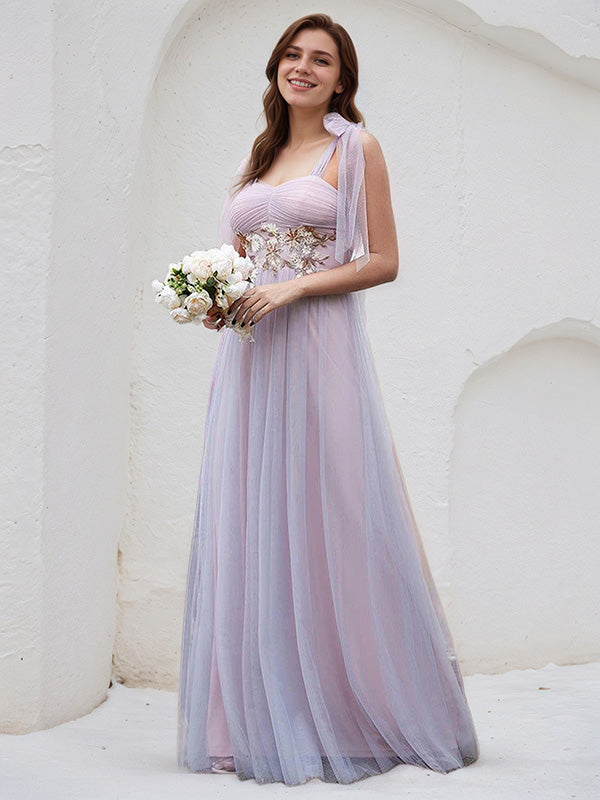 Pink Tulle A Line Spaghetti Straps Sleeveless Floor Length Bridesmaid Dress With Applique