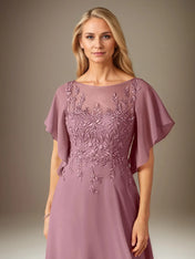 A Line Chiffon Boat Neck Short Sleeves Floor Length Pleated Mother of the Bride Dresses With Appliques