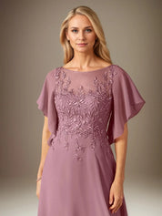 A Line Chiffon Boat Neck Short Sleeves Floor Length Pleated Mother of the Bride Dresses With Appliques