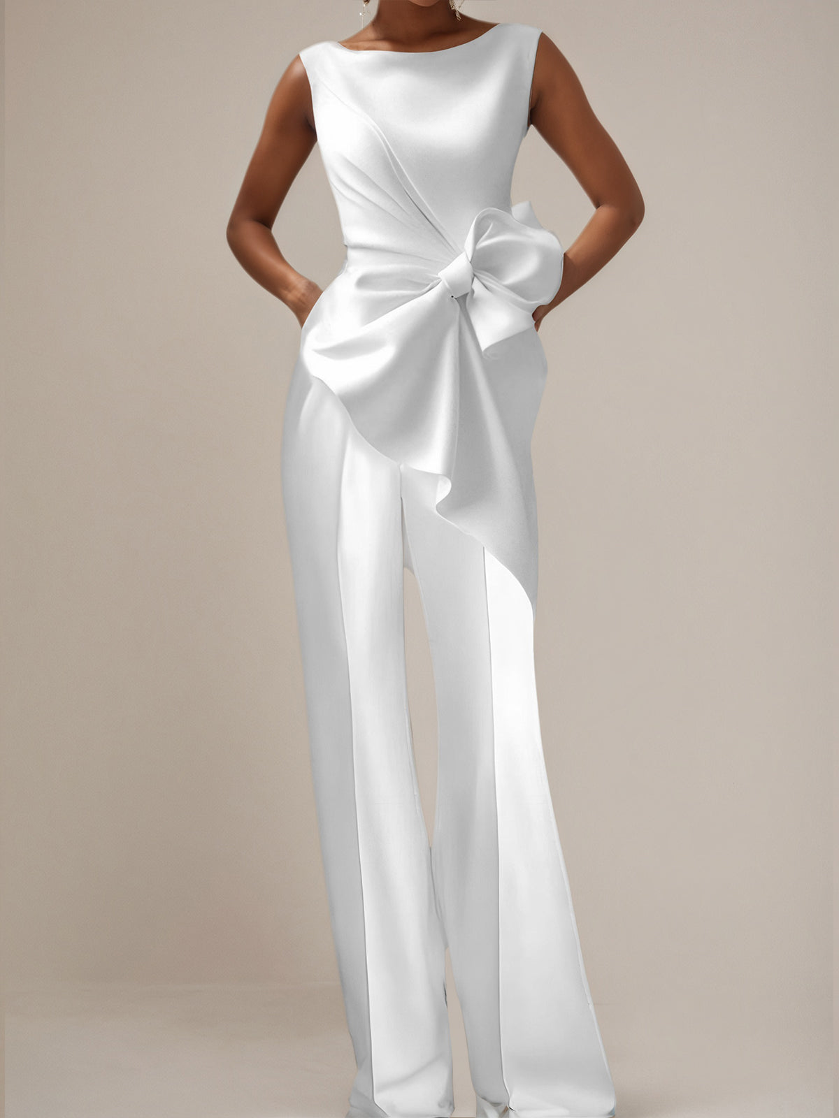 White Stretch Crepe Round Neck Sleeveless Floor Length Pantsuits