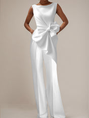 White Stretch Crepe Round Neck Sleeveless Floor Length Pantsuits