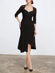Black Lace Sweetheart Neckline Half Sleeve A-Line Midi Dress