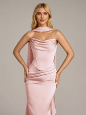 Pink Sheath/Column Satin Off The Shoulder Sleeveless Floor Length Dress