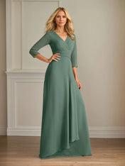 A Line V Neck 3/4 Sleeves Floor-Length Chiffon Dress With Pleated