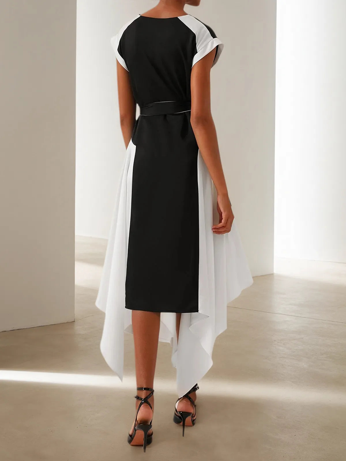 Black V Neck Short Sleeve Tie Waist A-line Midi Dress