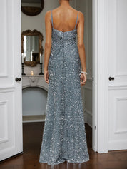 Silver Sequin Ruffled Spaghetti Sleeveless A-Line Gown