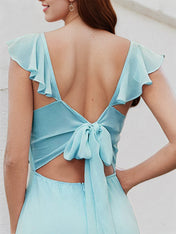 Sky Blue Chiffon A Line Square Neck Sleeveless Floor Length Bridesmaid Dress with Ruffle