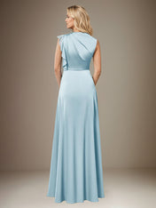 Sky Blue A Line Satin High Neck Sleeveless Floor Length Dress