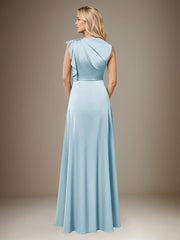 Sky Blue A Line Satin High Neck Sleeveless Floor Length Dress