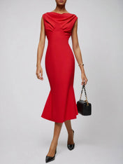 Red Cowl Neck Sleeveless Sheath Midi Dress