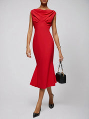 Red Cowl Neck Sleeveless Sheath Midi Dress