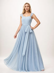 Dusty Blue A Line Tulle Off The Shoulder Sleeveless Floor-Length Bridesmaid Dresses