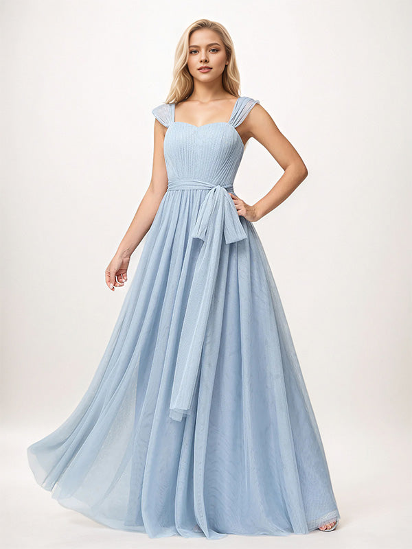 Dusty Blue A Line Tulle Off The Shoulder Sleeveless Floor-Length Bridesmaid Dresses