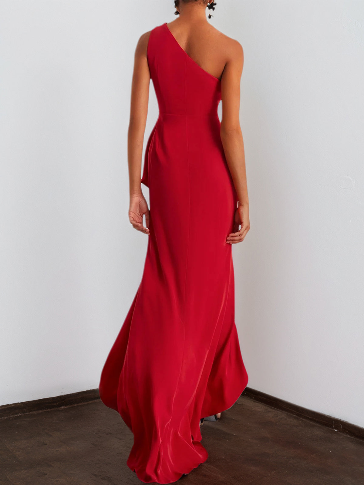 Red Beaded One Shoulder Sleeveless Slit Sheath Gown Dress