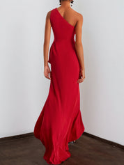 Red Beaded One Shoulder Sleeveless Slit Sheath Gown Dress