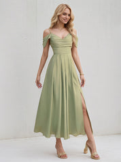 Green Chiffon A Line Spaghetti Straps Sleeveless Ankle Length Bridesmaid Dress