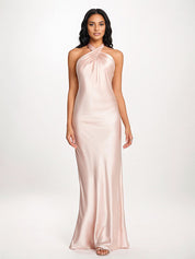 Pearl Pink Sheath/Column Halter Floor-Length Sleeveless Satin Bridesmaid Dress