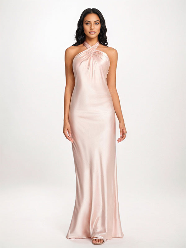 Pearl Pink Sheath/Column Halter Floor-Length Sleeveless Satin Bridesmaid Dress