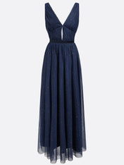 Purplish Blue Mesh Hotfix Embellished Classic V Neck Sleeveless Sheath Maxi Dress