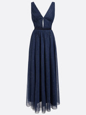 Purplish Blue Mesh Hotfix Embellished Classic V Neck Sleeveless Sheath Maxi Dress